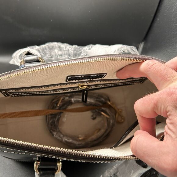 New Dooney Bourke Domed Satchel Bag Womens Black Geniue Leather Linen Blend Line - Picture 5 of 8